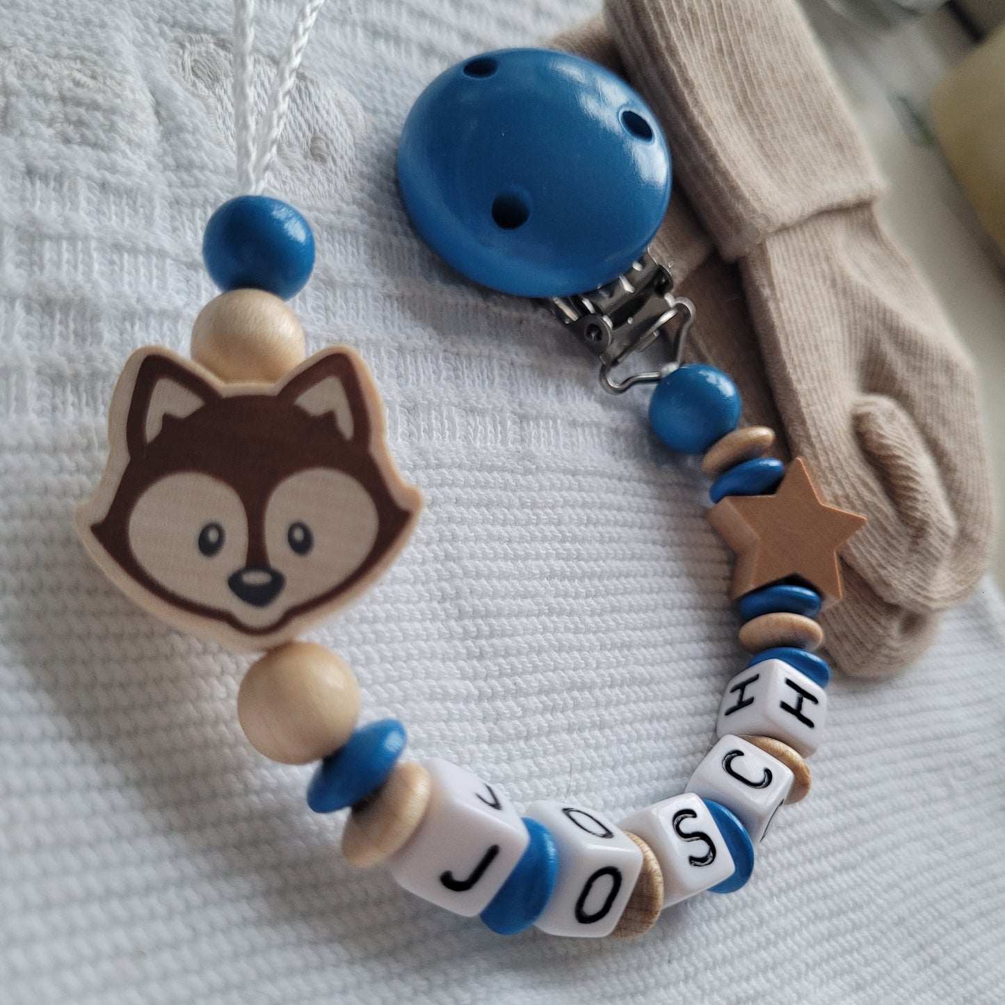 Schnullerkette für Jungen mit Namen Fuchs & Stern holz blau