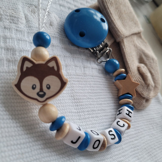 Schnullerkette für Jungen mit Namen Fuchs & Stern holz blau
