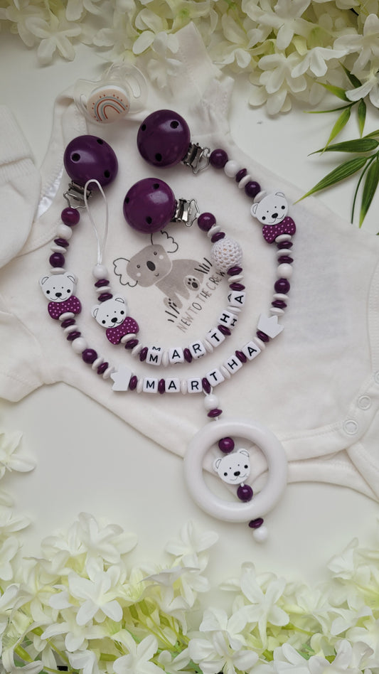 Kinderwagenkette & Schnullerkette Teddybär pflaume weiss