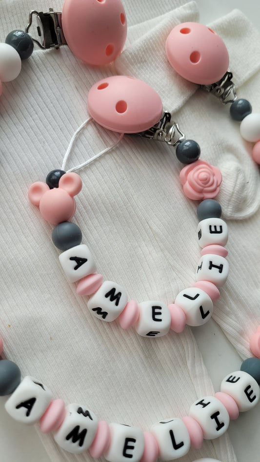 Schnullerkette mit Namen für Mädchen Maus & Rose