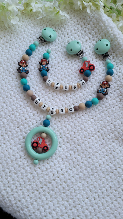 Kinderwagenkette & Schnullerkette Set Baby Bauernhof für Jungen braun petrol türkis