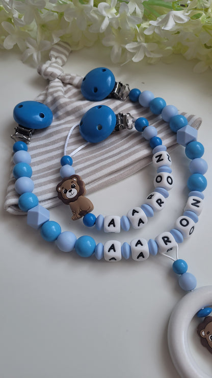 Kinderwagenkette & Schnullerkette mit Namen Löwe blau