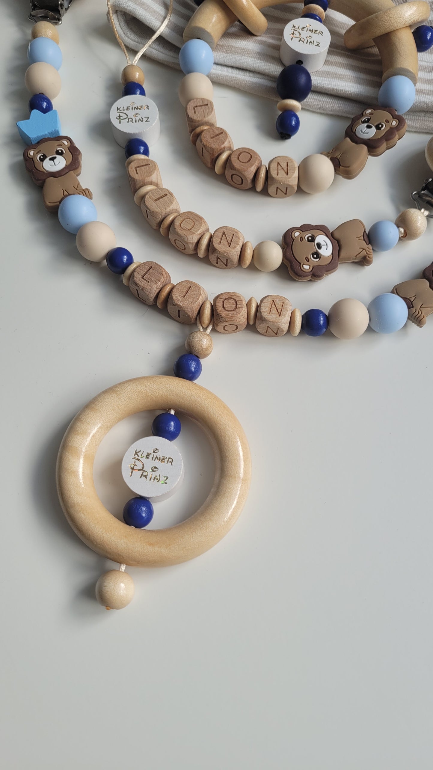 Mega 3tlg Set Schnullerkette Kinderwagenkette Greifling  Löwe blau braun