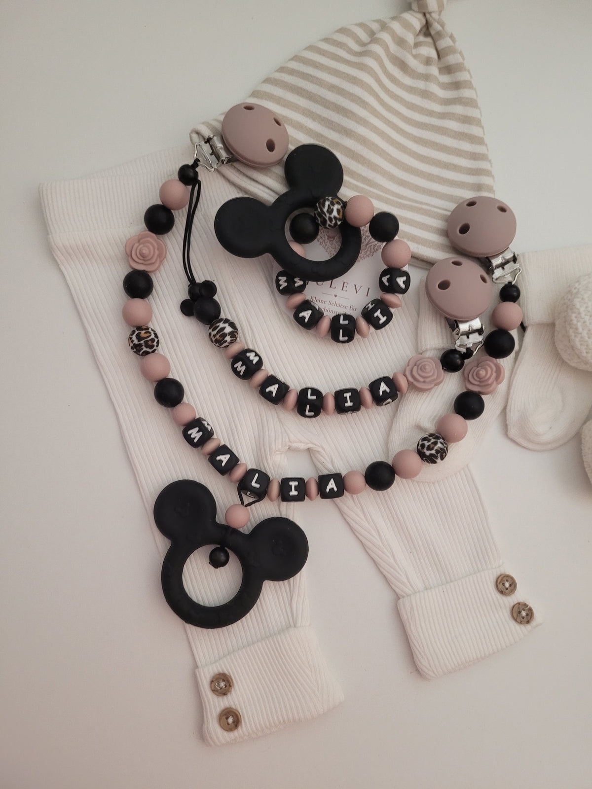 3er Set Schnullerkette, Kinderwagenkette & Greifring mit Namen Maus Rosen graurosé schwarz leo