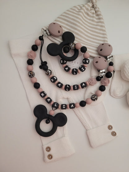 3er Set Schnullerkette, Kinderwagenkette & Greifring mit Namen Maus Rosen graurosé schwarz leo