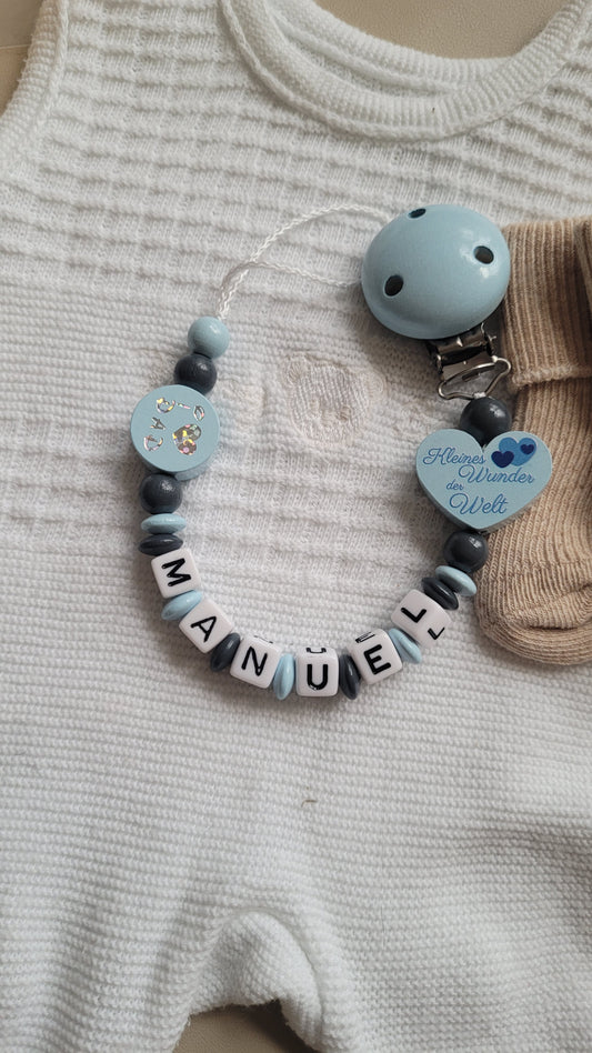 Schnullerkette für Jungen mit Namen i Love Mom & Dad / Kleines Wunder der Welt