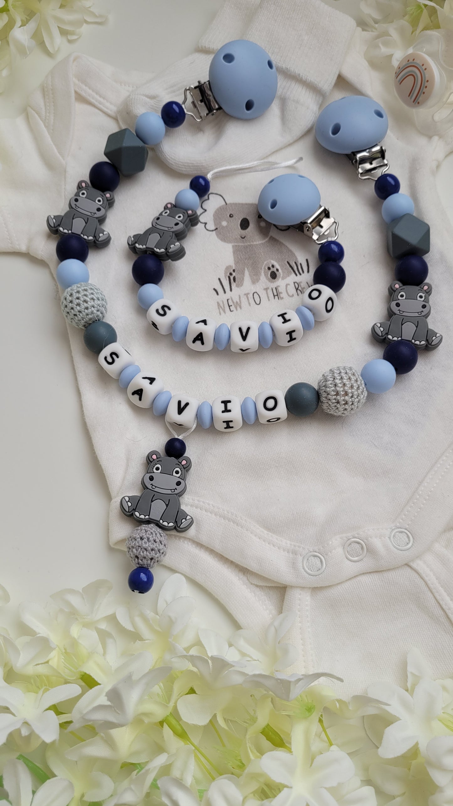 Kinderwagenkette & Schnullerkette *Nilpferd* hellblau