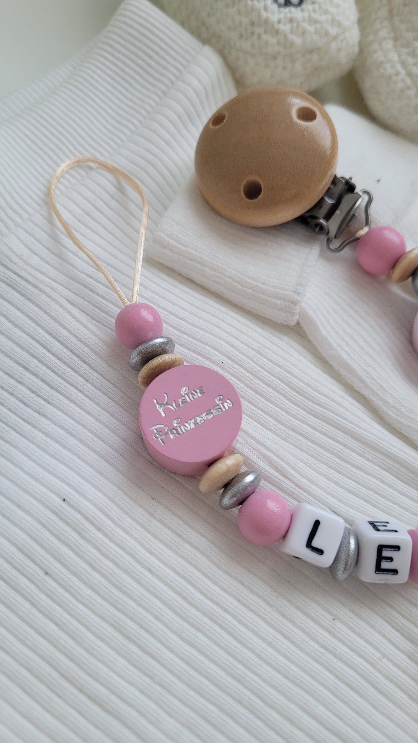 Schnullerkette mit Namen für Mädchen Kleine Prinzessin rosa silber