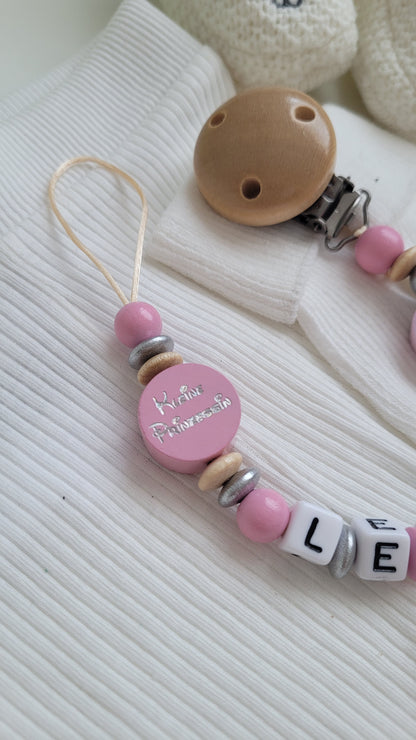 Schnullerkette mit Namen für Mädchen Kleine Prinzessin rosa silber