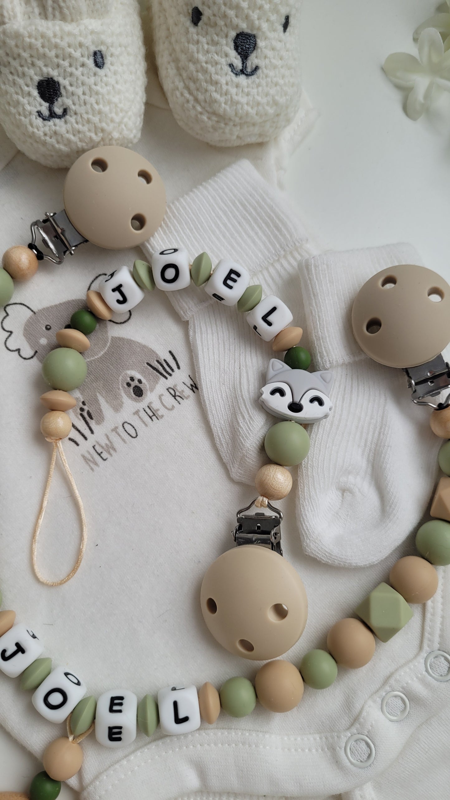 Kinderwagenkette & Schnullerkette Set softgreen Fuchs