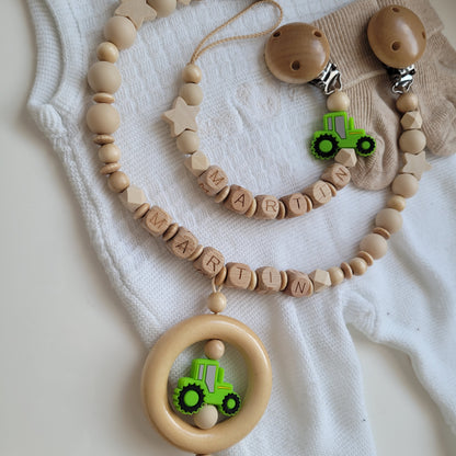Kinderwagenkette & Schnullerkette mit Namen Traktor grün holz