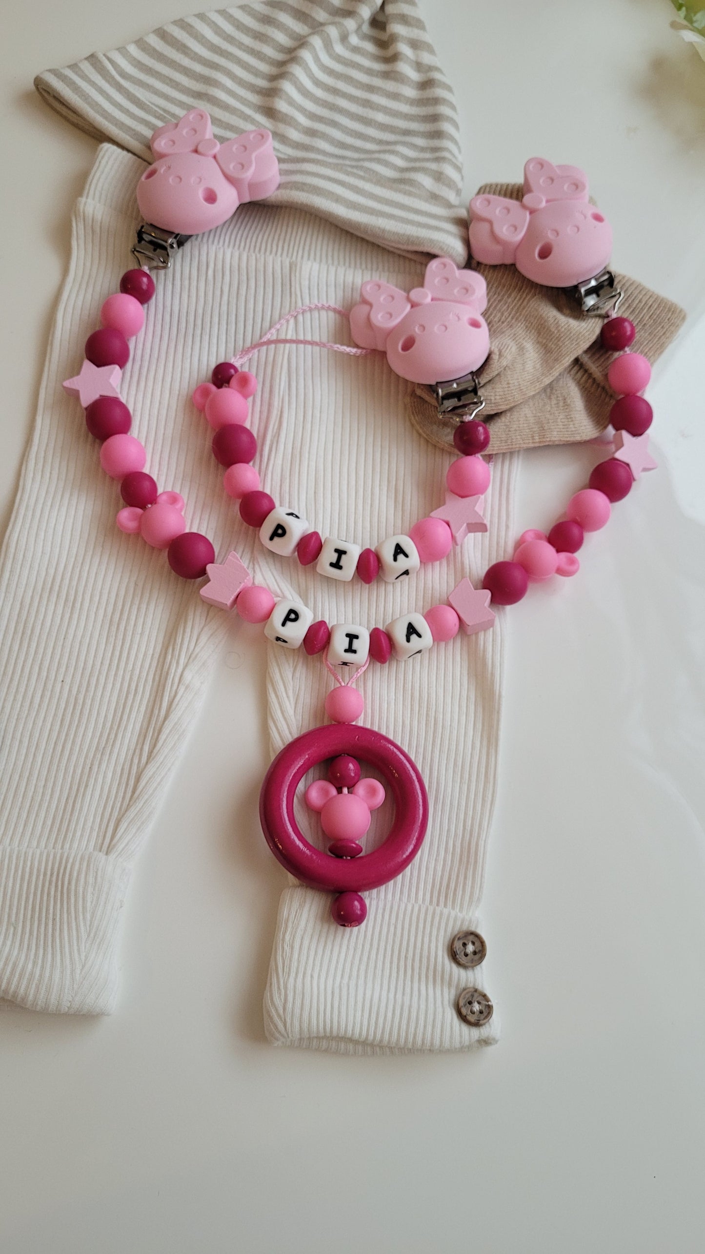 Kinderwagenkette & Schnullerkette mit Namen Maus pink