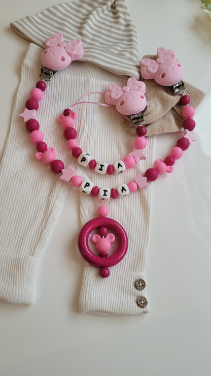 Kinderwagenkette & Schnullerkette mit Namen Maus pink