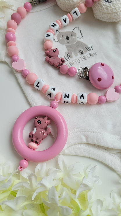 Kinderwagenkette & Schnullerkette mit Namen  Rehkitz peach rosa