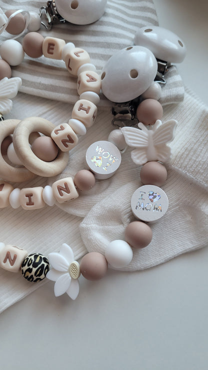 3er Set Schnullerkette Kinderwagenkette & Beissring mit Namen  Schmetterlinge leo weiss taupe