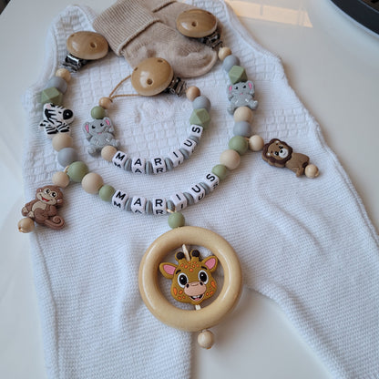 Kinderwagenkette & Schnullerkette mit Namen Safari beige grün