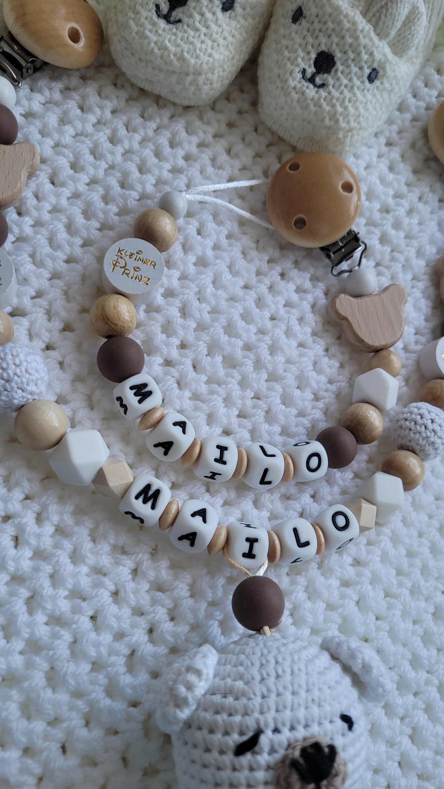 Kinderwagenkette & Schnullerkette Set Baby Teddy für Jungen braun weiss holz