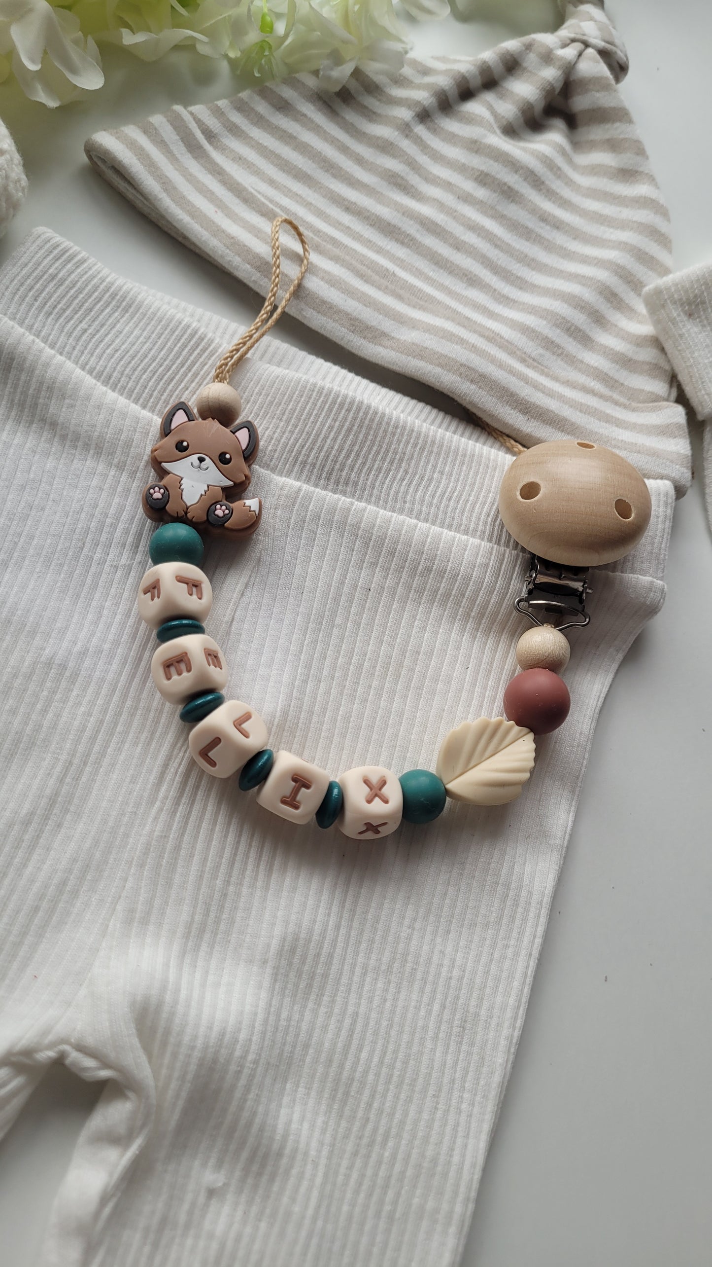 3tlg.Set Schnullerkette Kinderwagenkette & Greifring mit Namen Fuchs petrol beige