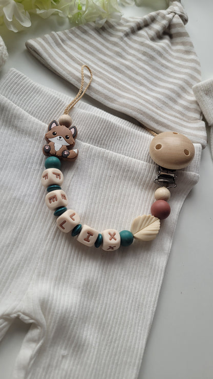 3tlg.Set Schnullerkette Kinderwagenkette & Greifring mit Namen Fuchs petrol beige