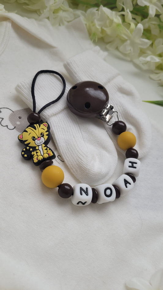 Schnullerkette mit Namen Little Löwe braun gelb