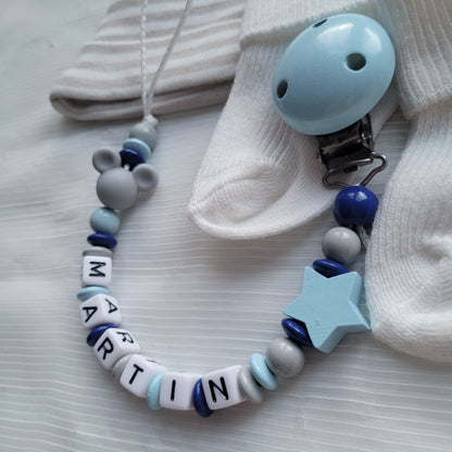 Schnullerkette mit Namen für Jungen Maus & Stern blau grau