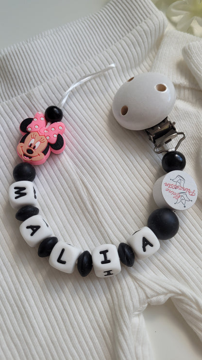 Schnullerkette mit Namen für Mädchen Maus schwarz weiss