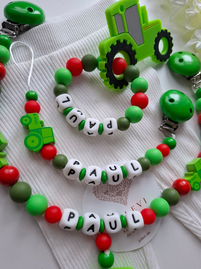 3er Set Schnullerkette Kinderwagenkette & Greifring mit Namen Traktor grün rot