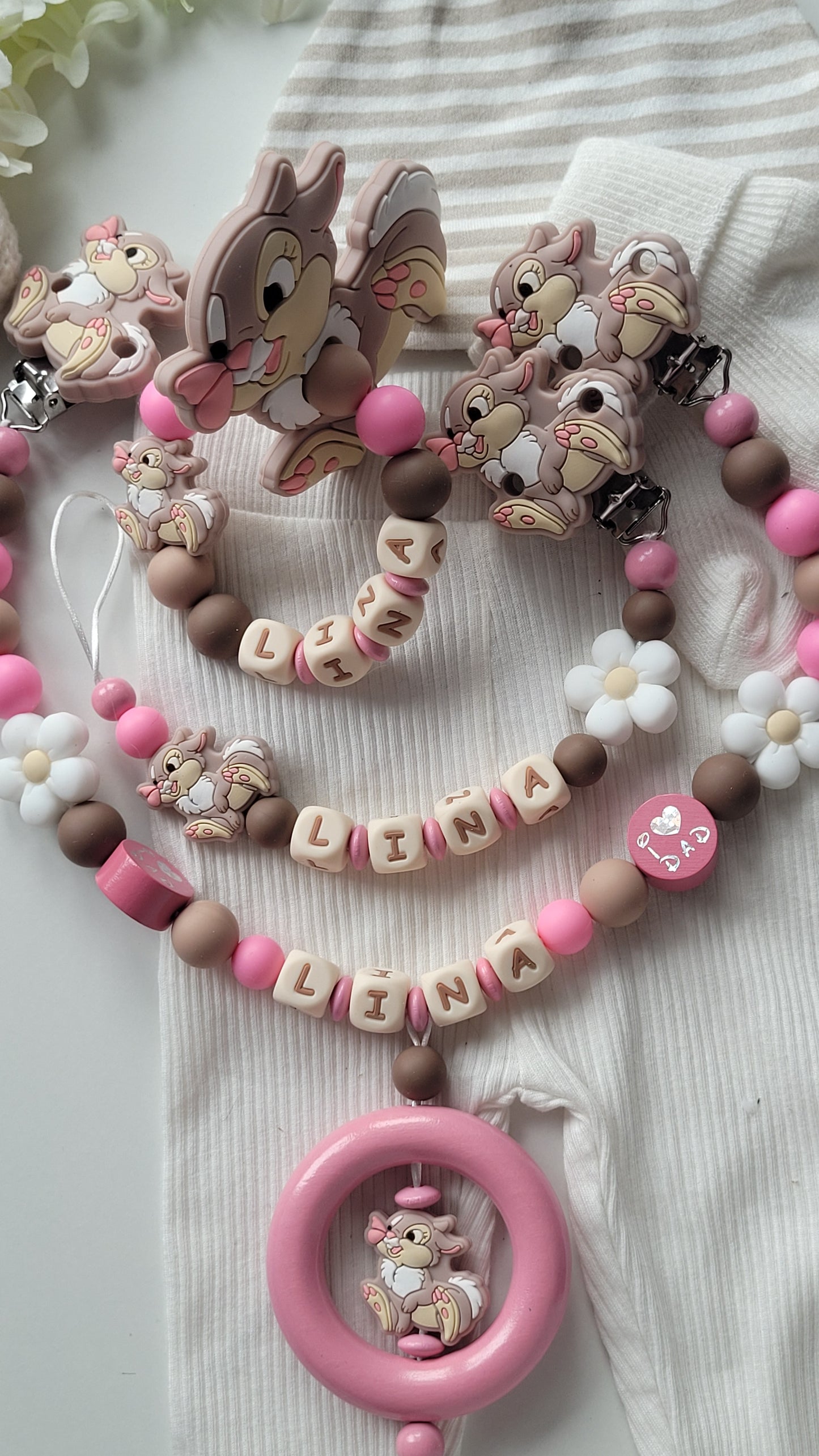 3tlg Set Schnullerkette Kinderwagenkette Greifling Hase pink braun