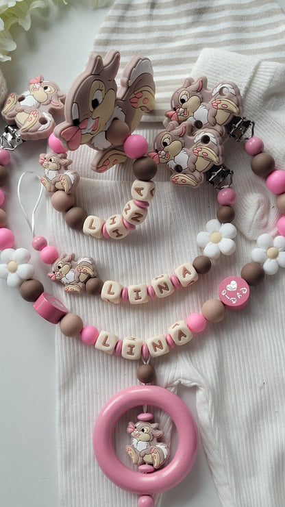 3tlg Set Schnullerkette Kinderwagenkette Greifling Hase pink braun