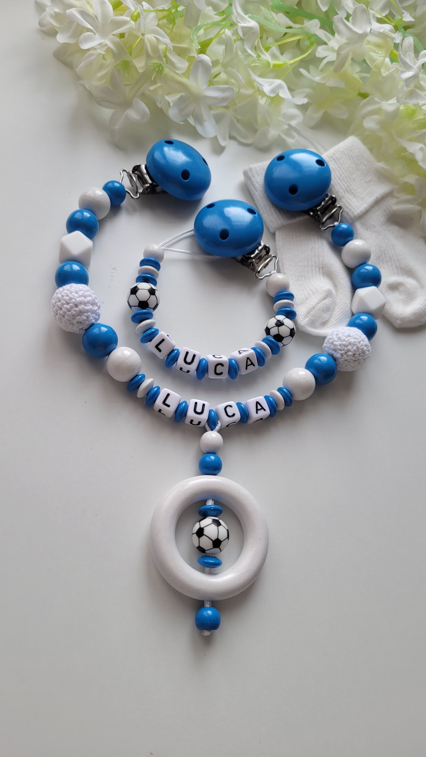 Kinderwagenkette & Schnullerkette  Fussball blau weiss