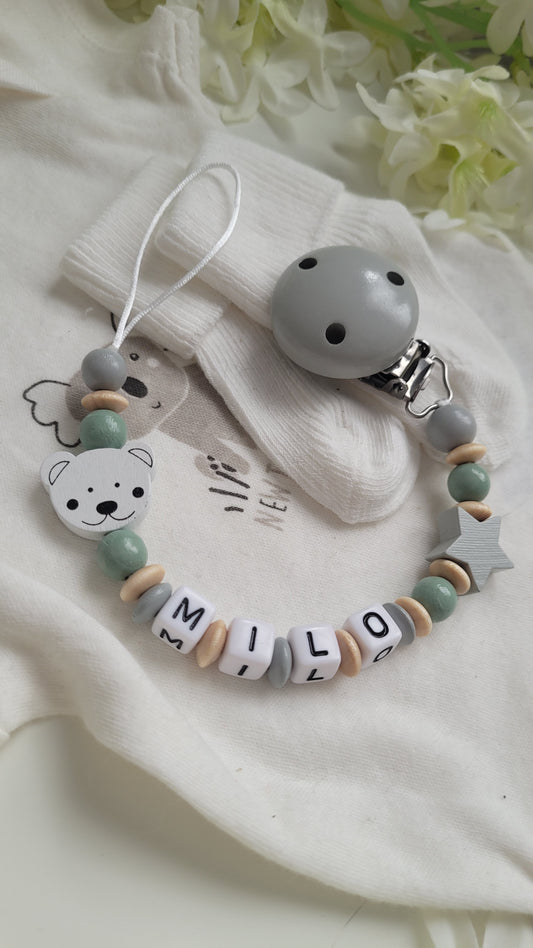 Schnullerkette mit  Namen für Jungen Teddybär grün holz grau