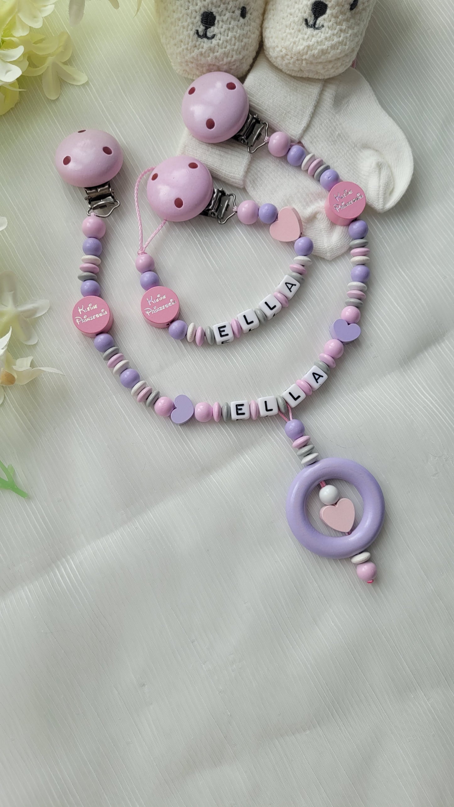 Kinderwagenkette & Schnullerkette mit Namen Kleine Prinzessin rosa flieder