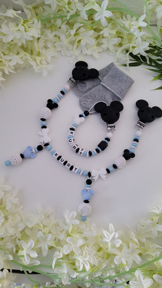 Kinderwagenkette & Schnullerkette * Maus* blau schwarz weiß