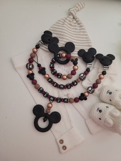 3er Set Schnullerkette, Kinderwagenkette & Mausbeißring mit Namen Roségold schwarz braun weinrot