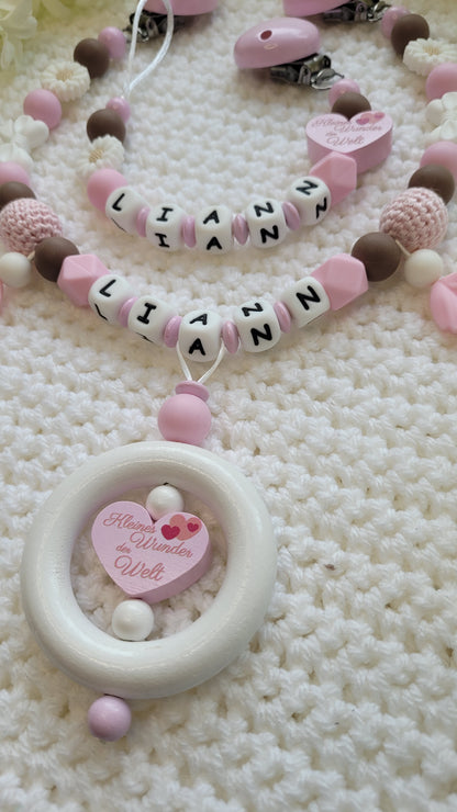 Kinderwagenkette & Schnullerkette mit Namen rosa Kleines Wunder der Welt