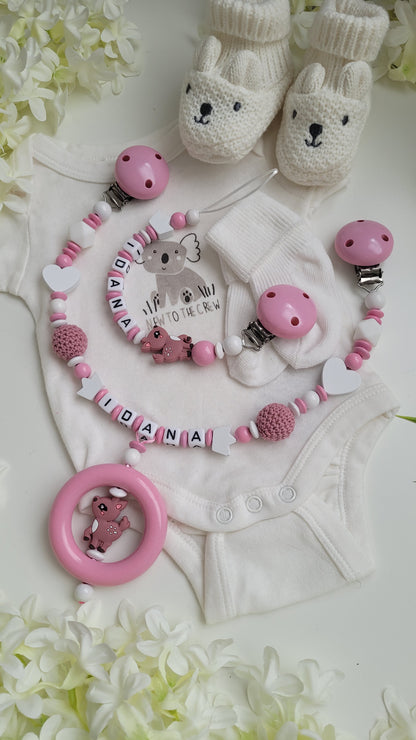 Kinderwagenkette & Schnullerkette mit Namen für Mädchen Rehkitz rosa