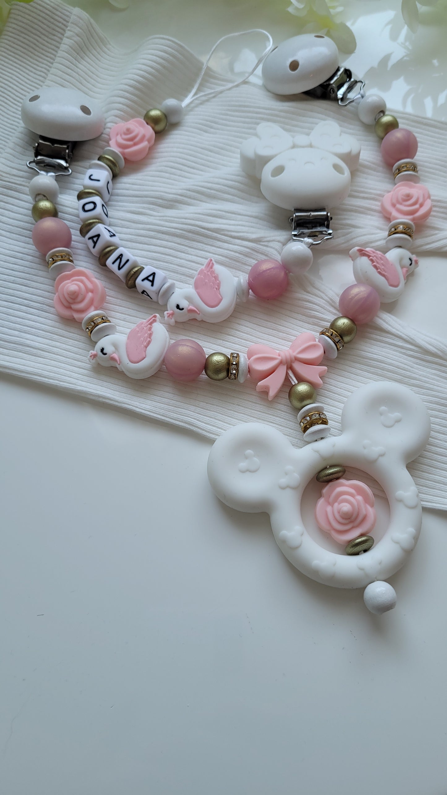 Kinderwagenkette & Schnullerkette *Schwan Prinzessin* rose apricot gold