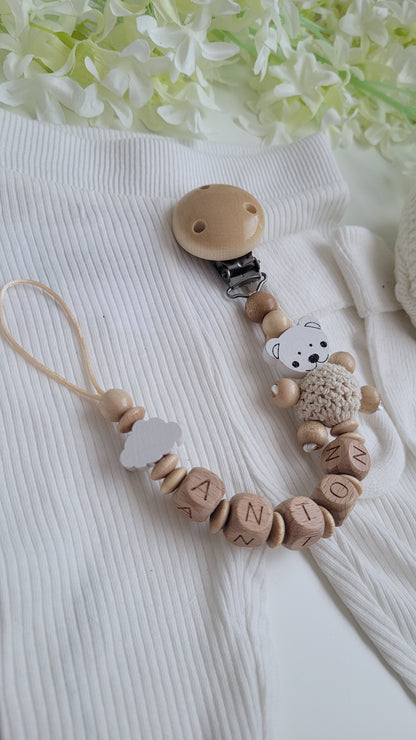 Schnullerkette mit Namen Bärchen holz und Wolke