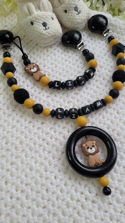 Kinderwagenkette & Schnullerkette Set Baby Löwe für Jungen