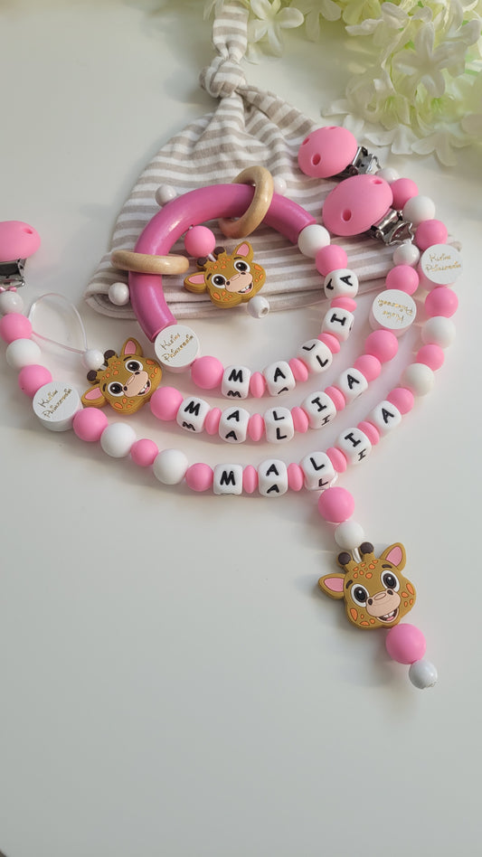 3tlg.Set Schnullerkette Kinderwagenkette & Greifring Giraffe pink