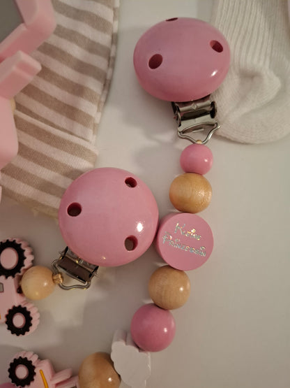 3er-Set Schnullerkette Kinderwagenkette & Greifring mit Namen Traktor rosa holz