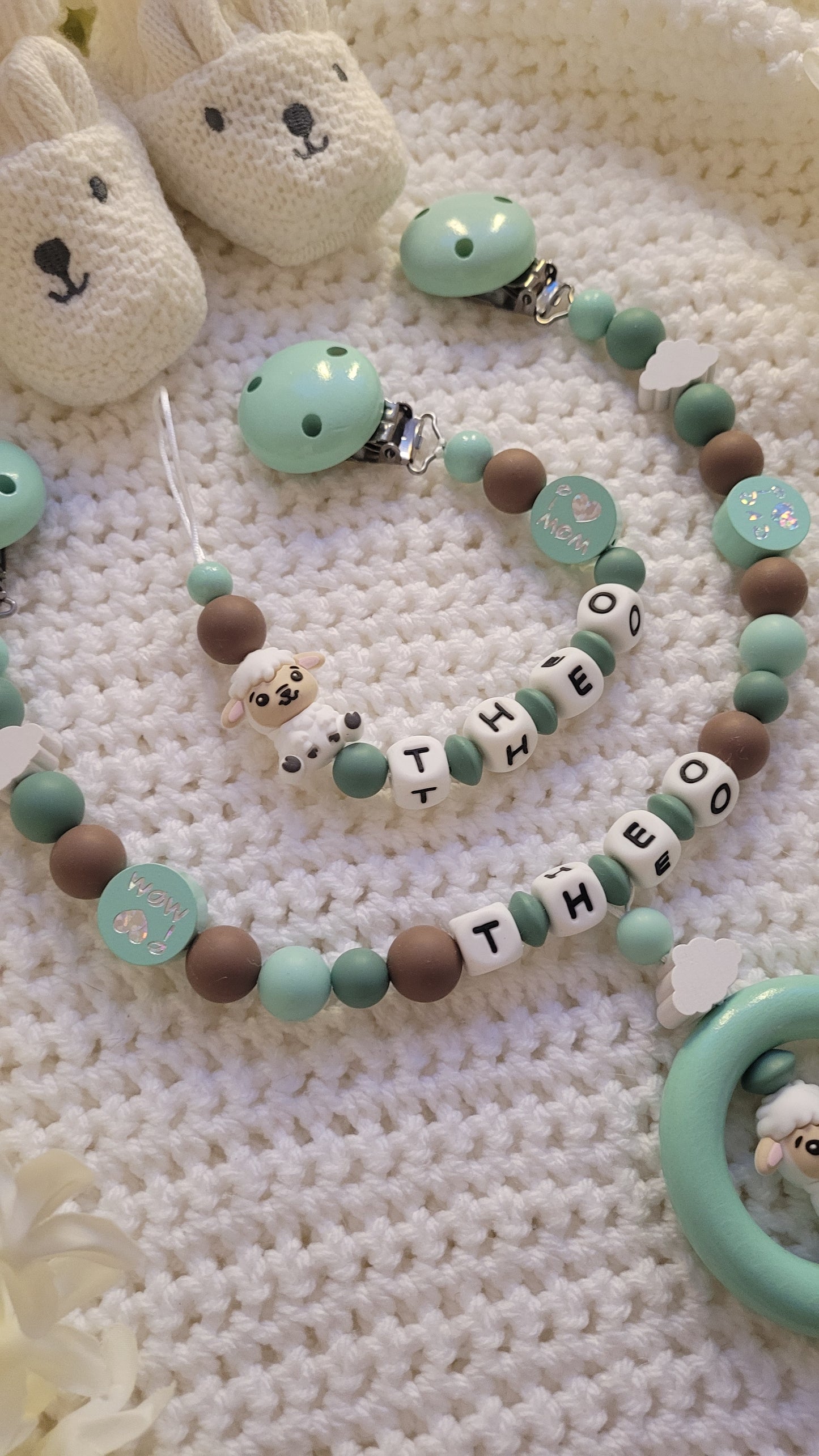 Kinderwagenkette & Schnullerkette Set Baby Schäfchen für Jungen braun mint grün