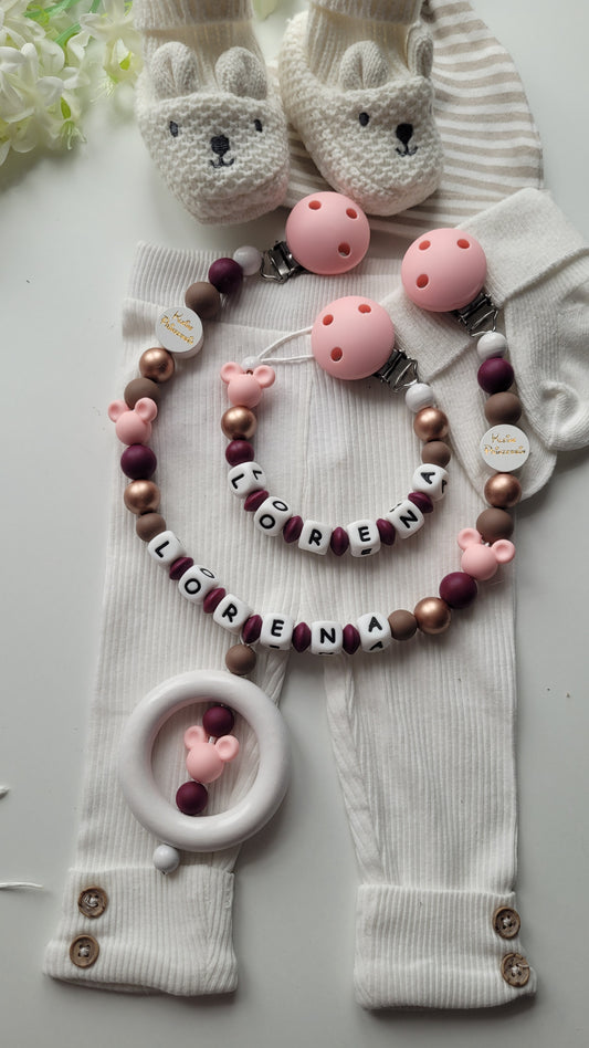 Kinderwagenkette & Schnullerkette mit Namen für Mädchen Maus