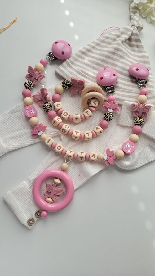 3er Set Schnullerkette Kinderwagenkette & Beissring mit Namen  Blumen &Schmetterlinge beige altrosa