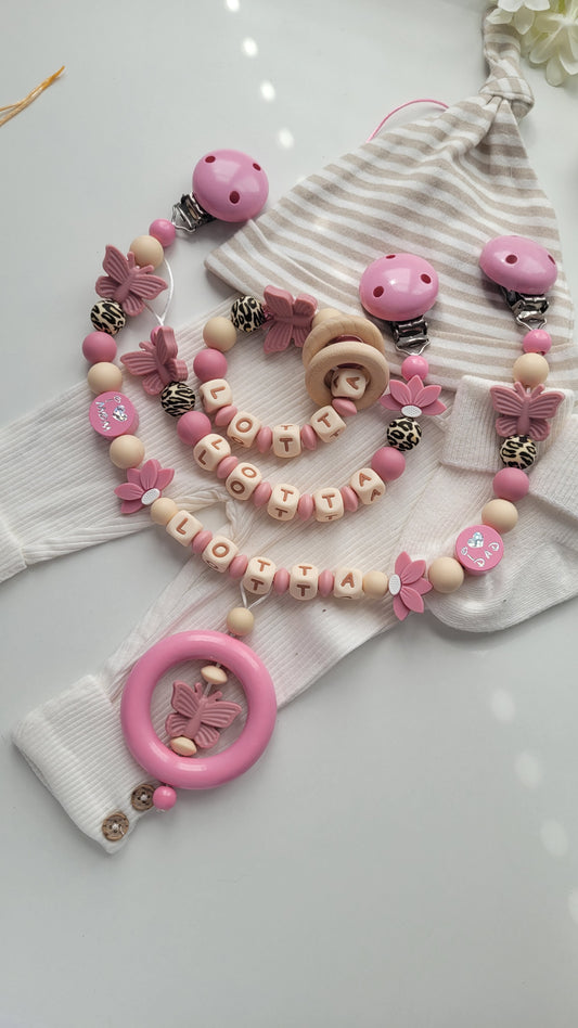 3er Set Schnullerkette Kinderwagenkette & Beissring mit Namen  Blumen &Schmetterlinge beige altrosa