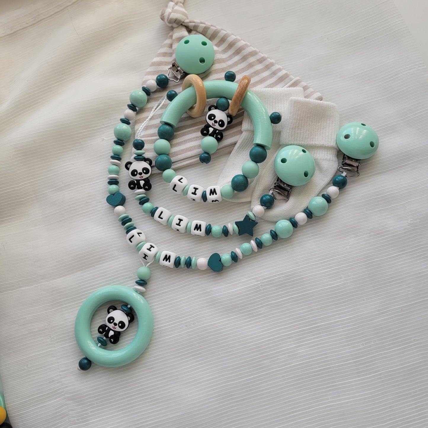3tlg Schnullerkette Kinderwagenkette Greifring Panda mint petrol