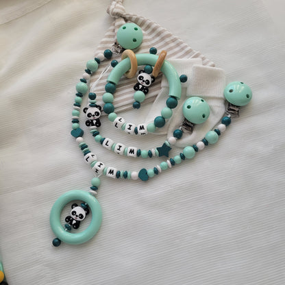 3tlg Schnullerkette Kinderwagenkette Greifring Panda mint petrol