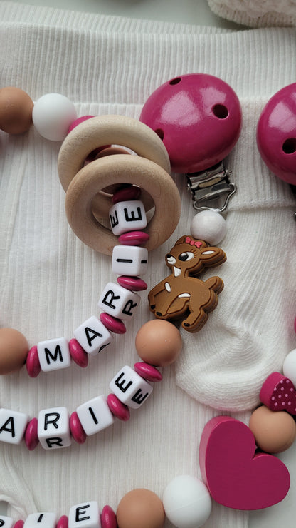 3er Set Schnullerkette Kinderwagenkette & Greifring mit Namen Rehe & Herzen