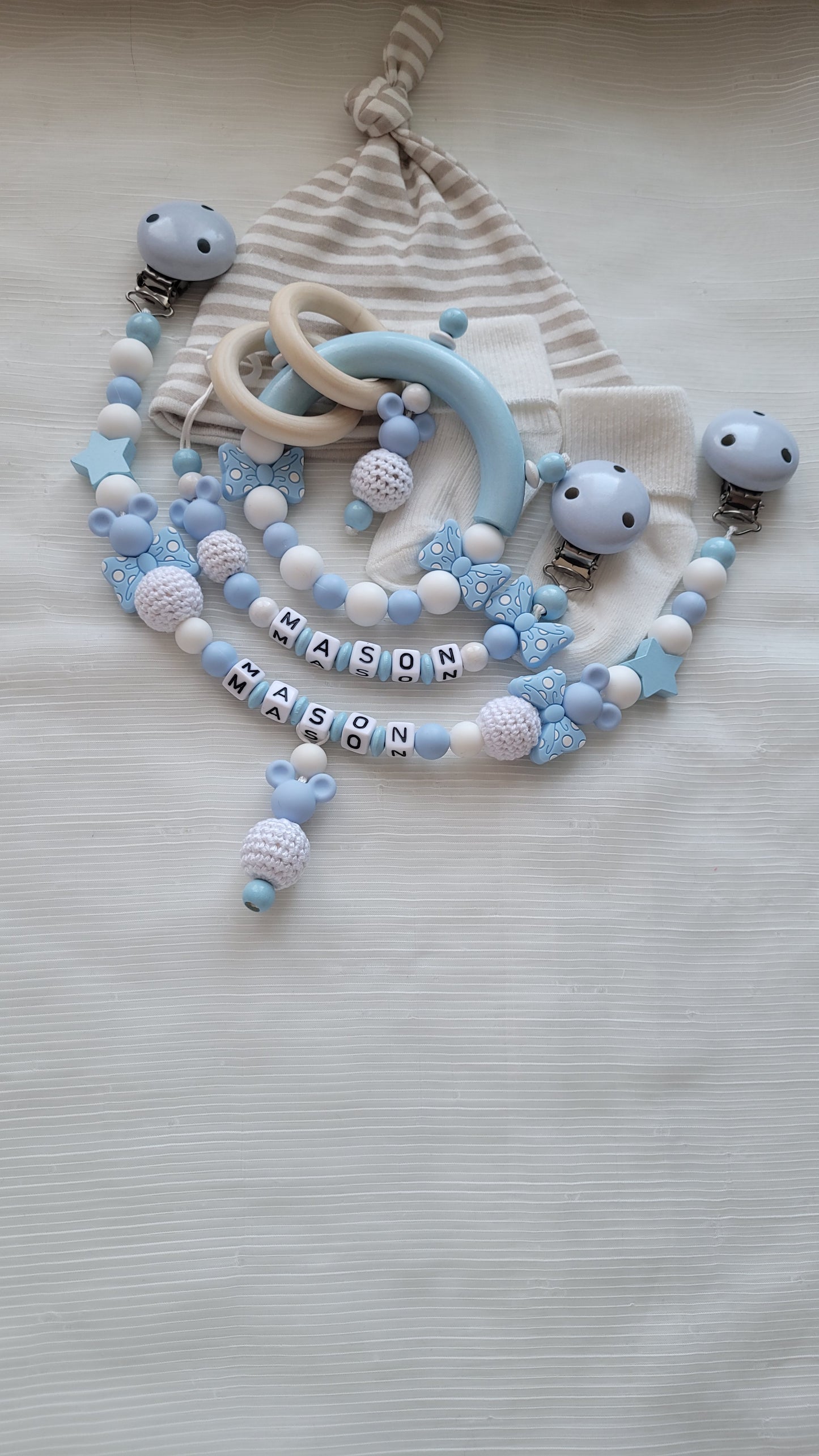 3tlg Set Schnullerkette Kinderwagenkette Greifling *Babymaus* hellblau