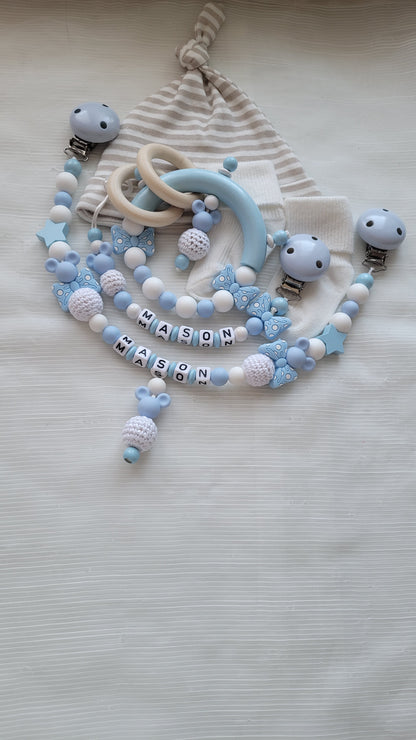 3tlg Set Schnullerkette Kinderwagenkette Greifling *Babymaus* hellblau